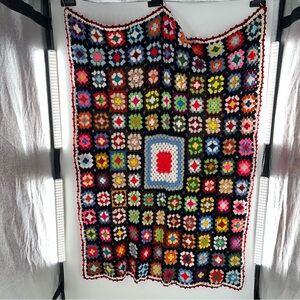 Vintage Afgani Crochet Grandma Square Blanket Throw Quilt Multicolor Handmade
